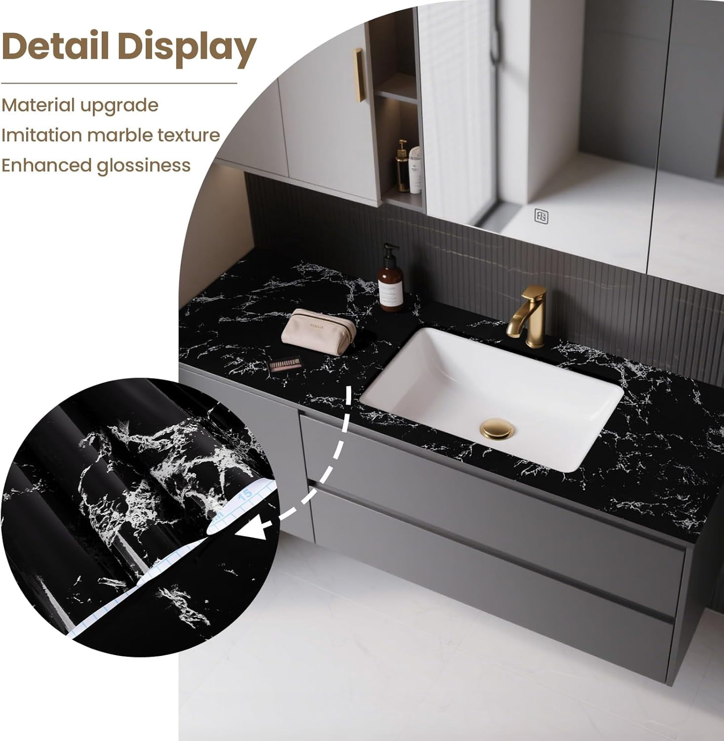 MaxxMarket Glossy Marble Wall Paper Granite Black/Grey Kitchen Countertop Cabinet Furniture Refurbishment Removable Wallpaper Peel and Stick Vinyl Roll 17.7" x 196.8"