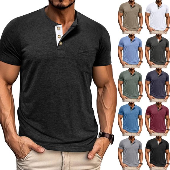 Bosfbaoi Men's Henley Short Sleeve Shirt Cotton Lightweight Tee Shirts Casual Summer Basic Tees with Pocket