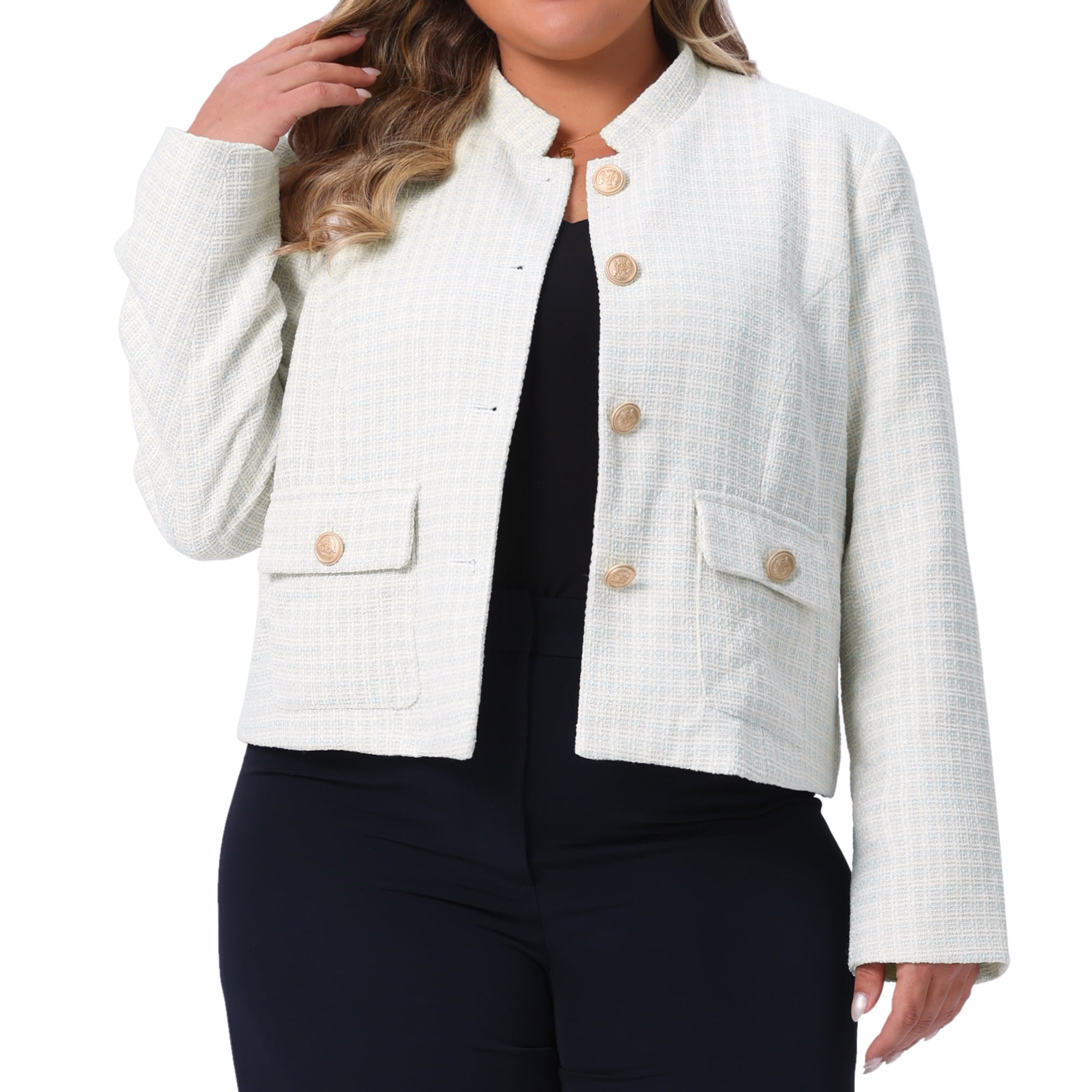 DARING DIVA Plus Size Tweed Stand Collar Button Down Blazer Jacket 3X Beige