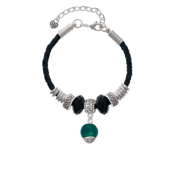 Delight Jewelry 12mm Teal Roller Spinner with Silvertone Lining Glass Spinner Grandmother Celtic Knot Leather Bead Bracelet, 7"+2" Extender