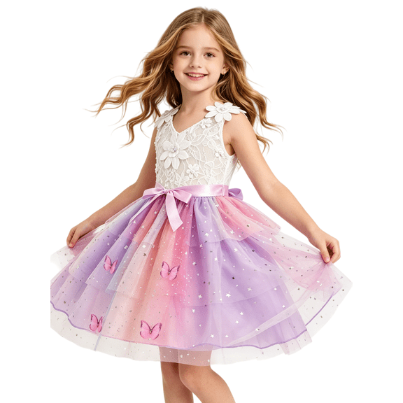 Toddler & Little Girls Princess Tulle Dress, Sleeveless Lace Flower Girl Dress with 3D Butterflies, Rainbow Gradient Sequin Tutu Dress for Birthday Party, Wedding, Pageant, Holiday Performance