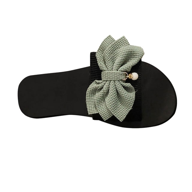 Hyknon Sandals for Women Summer New One-line Rhinestone Pearl Bow Over Flat Sandals Arch Support Comfortable Sandals