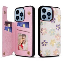 Allytech iPhone 15 Pro Max Case with Card Holder, Stylish Flower with Glitter Bling Rhinestone Stand Shockproof Slim Fit Bumper Wallet Case for Apple iPhone 15 Pro Max - Floret