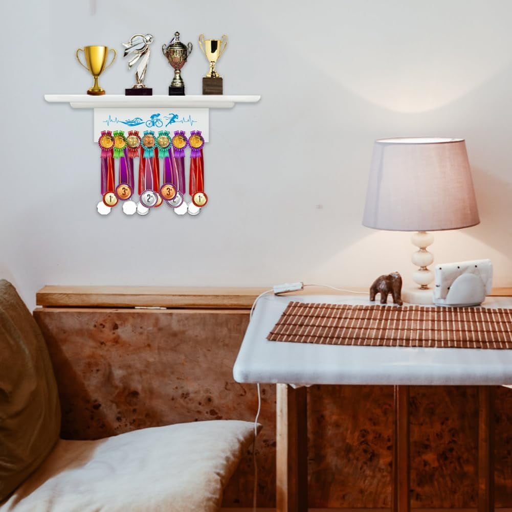 1 Set Sports Wooden Medal Hanger Display with Trophy Shelf Triathlon Medal Holder Trophy Display Shelf Run Swim Bike Ribbon Holder Medals Wall Hanger Race Wood Award Ribbon Organizer for Gymnast