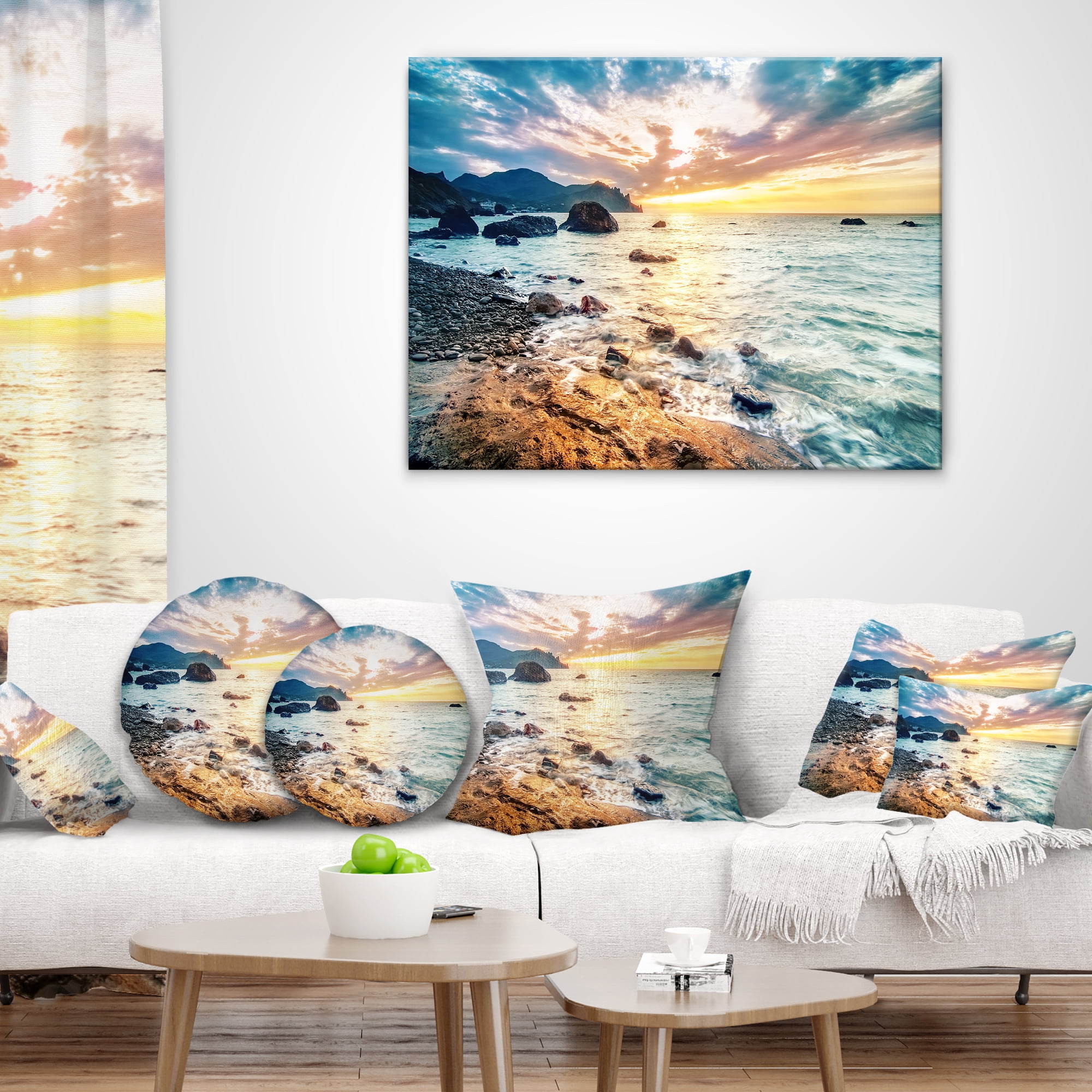 Designart Summer Sea with Mountains and Waves - Seashore Throw Pillow - 18x18