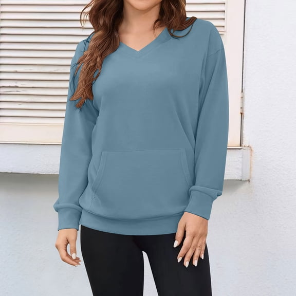 Oiangi Women's V Neck Sweatshirts No Hood Long Sleeve Pullover Tops Lightweight Loose Basic Sweatshirt with Kangaroo Pocket Blue L
