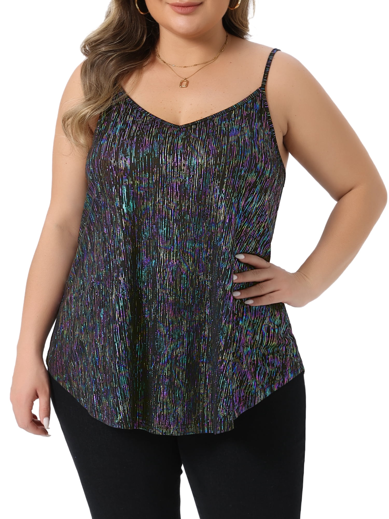 DARING DIVA Women's Plus Sequin Tank Tops V Neck Bronzing Glitter Cami Vest 4X Colorful