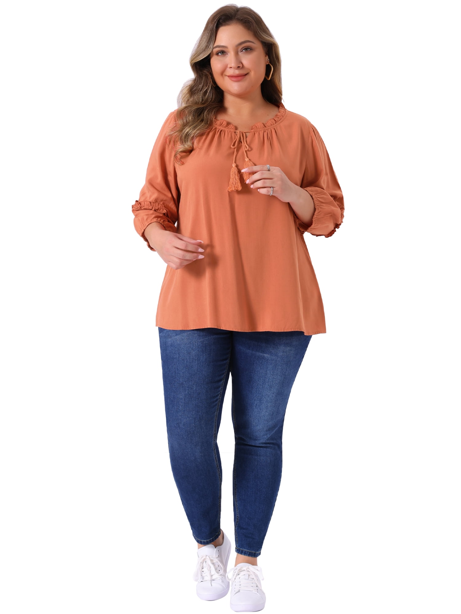 DARING DIVA Women's Plus Tops Tie Neck Tassel Self Flutter 3/4 Sleeve Blouses 1X Orange