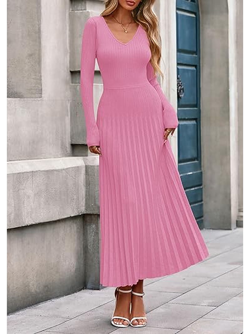 chinese dress ladies PRETTYGARDEN Women Sweater Dress Fall Fashion Long Sleeve V Neck Ribbe