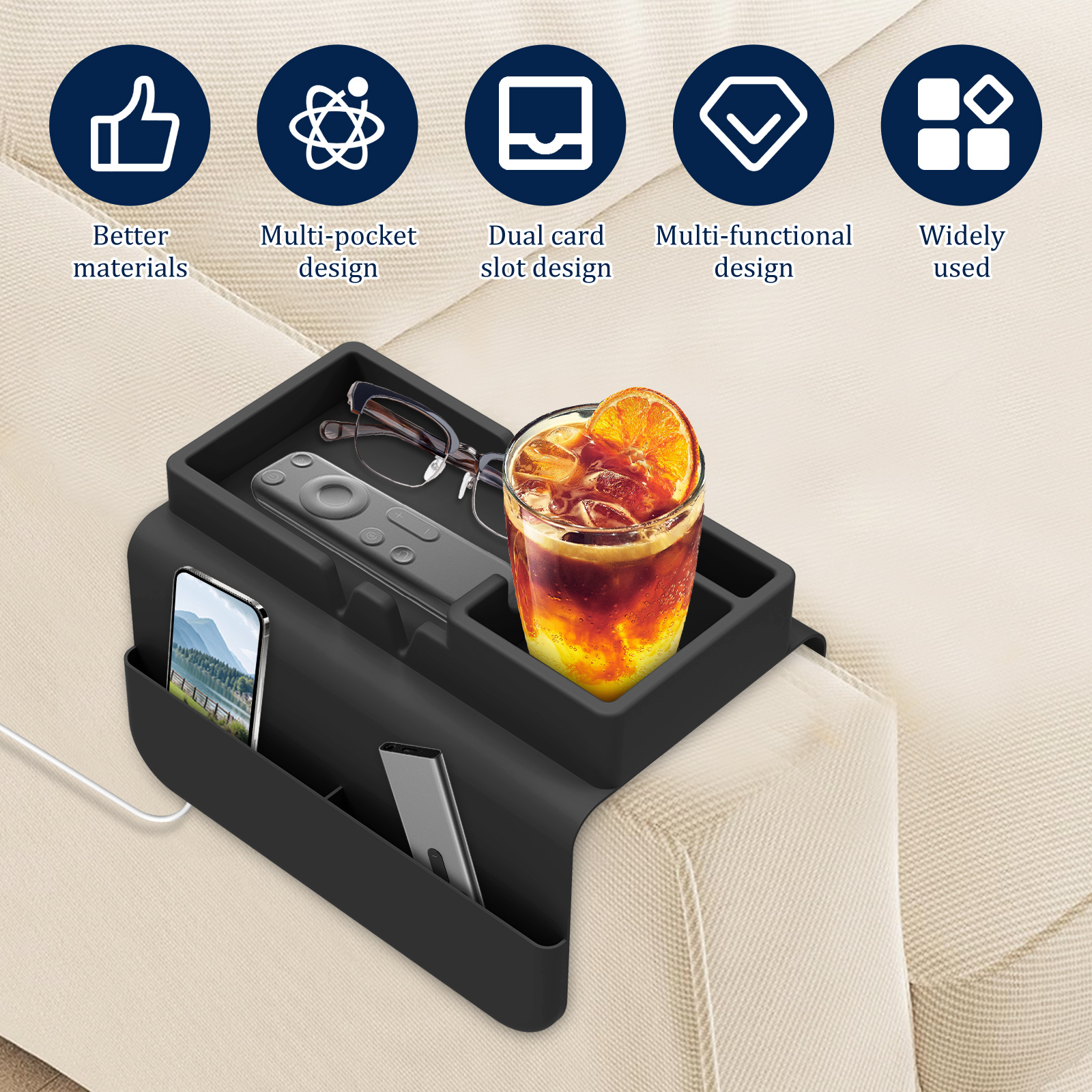 NUAHRHY Couch Cup Holder, Couch Arm Tray, Silicone Sofa Armrest Tray with Dual-Side Pocket, Anti-Spill Chair Recliner Organizer for Cellphone Remote Control Snacks iPad