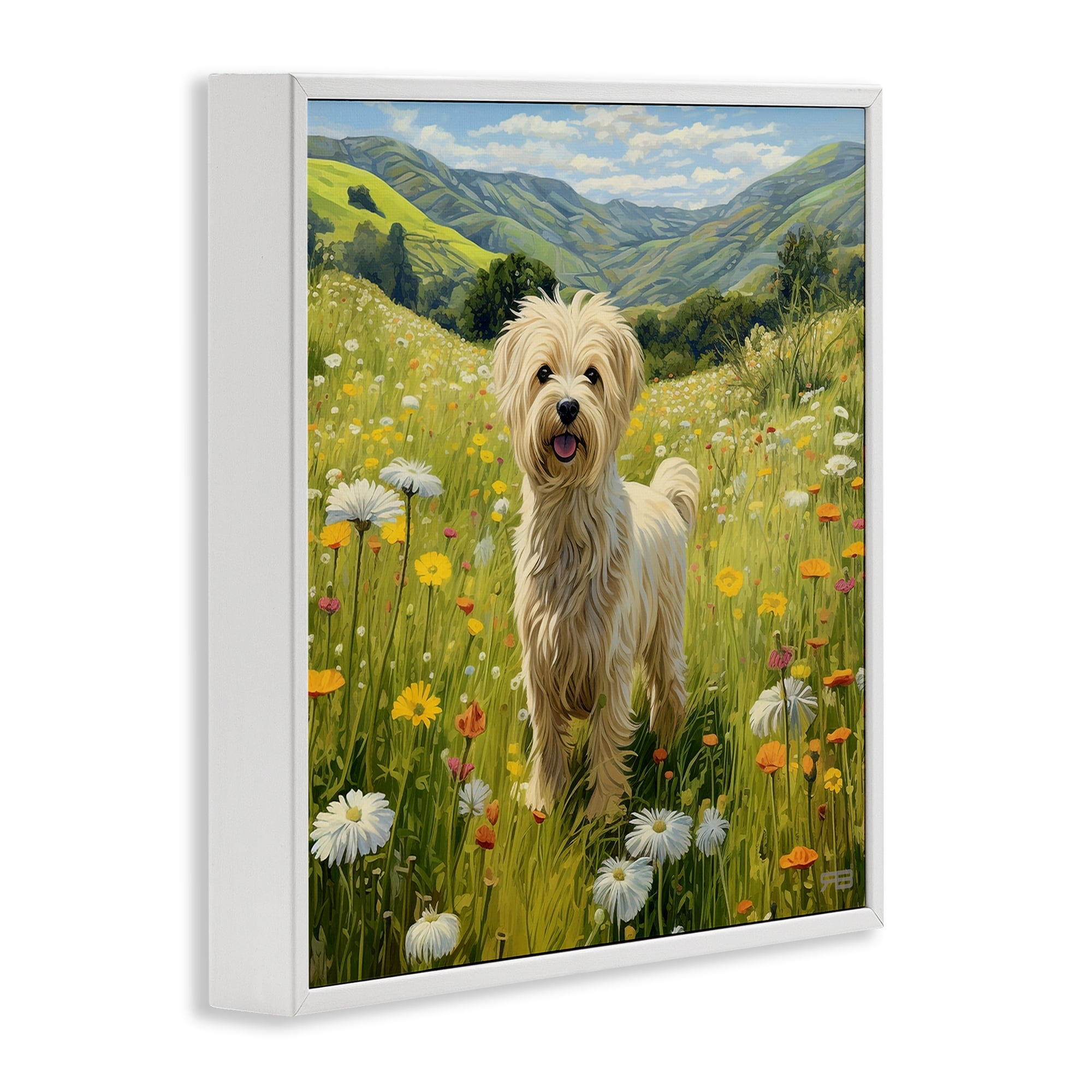 Stupell Industries Terrier Dog Rural Meadow Landscape Painting White Framed Art Print Wall Art, 17 x 17