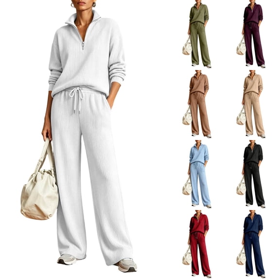 Basysin Women Half Zip Pullover Sweatshirt Wide Leg Pants Two Piece Outfit Set Loose Comfort Tracksuit Soft Loungewear Sweatsuit