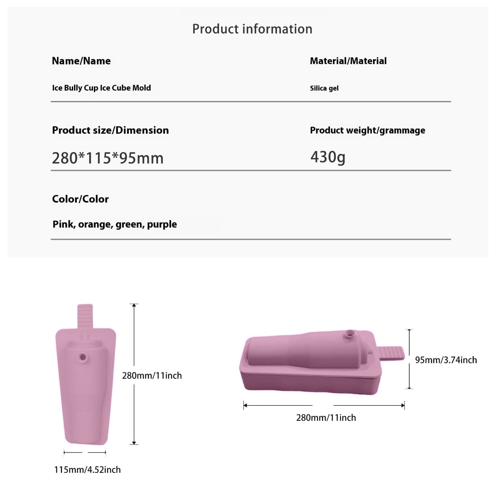 Rupoun Ice Cube Form Integrated Multifunctional Silicone Whiskey Cocktail Ice Maker Tray for Juice Coffee Cold Drink Freezer Molding 30 Oz to 40 Oz Tumbler Pink (11.02 inches / 28 cm)