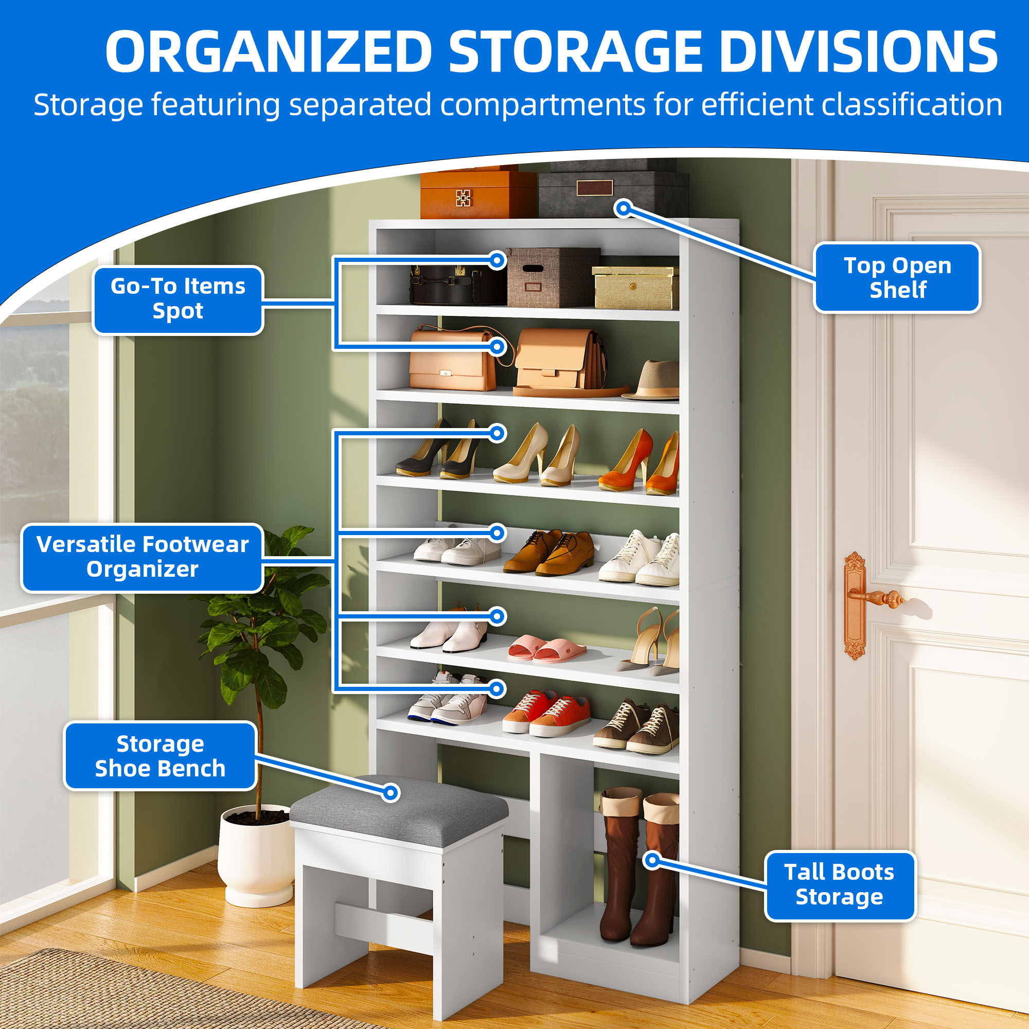 Uforic 8-Tier Entryway Shoe Storage Bench, Multi-Level Shoe Cabinet with Large Boot Storage, Ideal for Home and Living Room,White