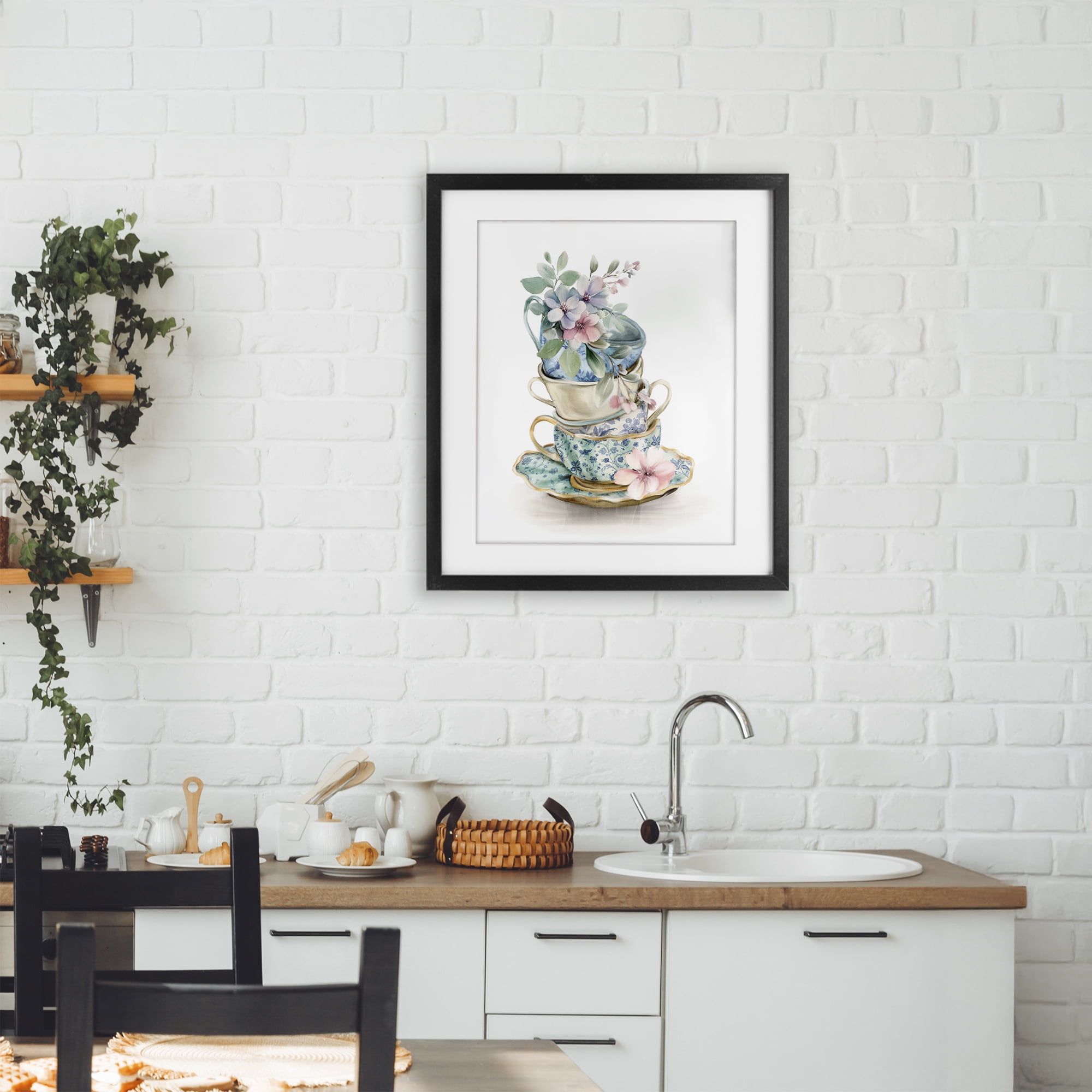 Stupell Industries Floral Teacup Chinoiserie Black Framed Print Under Glass, design by Kim Allen