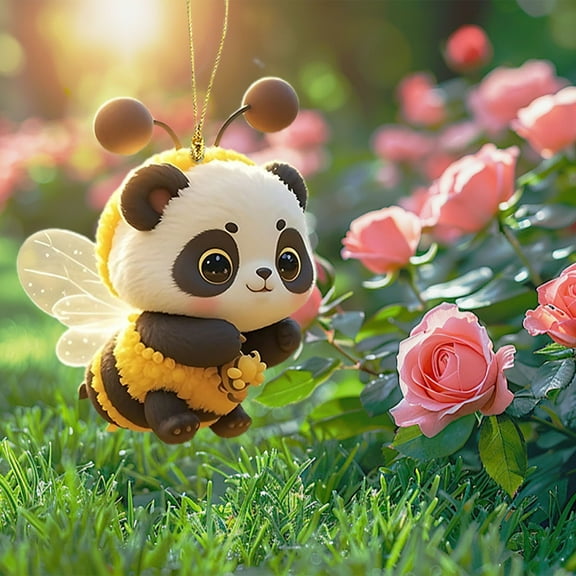 RuiJiao Adorable Panda Honeybee Acrylic Pendant - 2D Flat Design for Car Rearview Mirror and Home Decor, Pleasant Accessory for Interiors