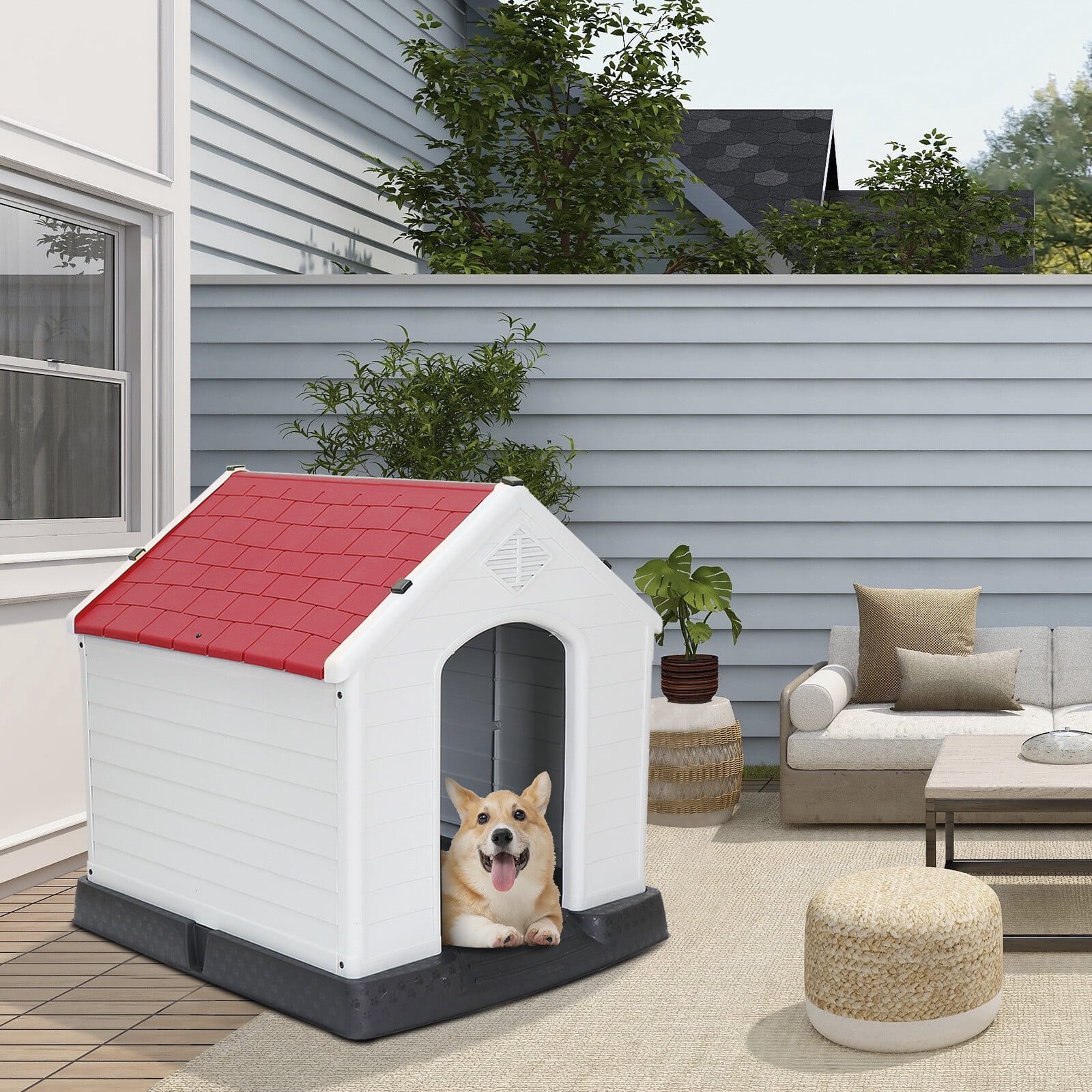 HomGarden 28-inch Plastic Dog House Medium Pet Puppy Shelter Waterproof Kennel Indoor Outdoor Red