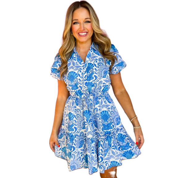 Women's Sky Blue Retro Floral Print Ruffled Mini Dress with Drawstring Waist