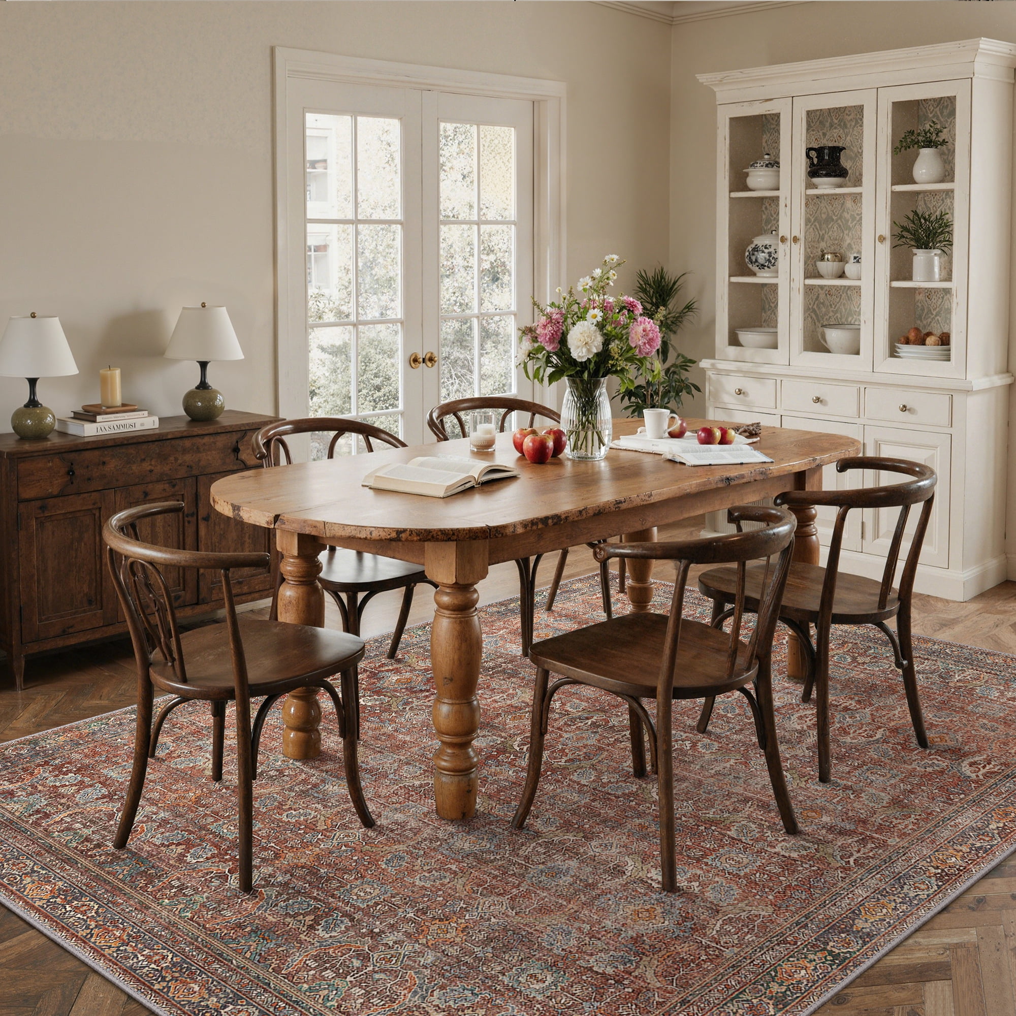 KUETH 8'x10' Area Rugs for Living Room, Non Slip Machine Washable Vintage Indoor Rug, Low Pile Chenille Print Rug for Bedroom Dining Room Home Office