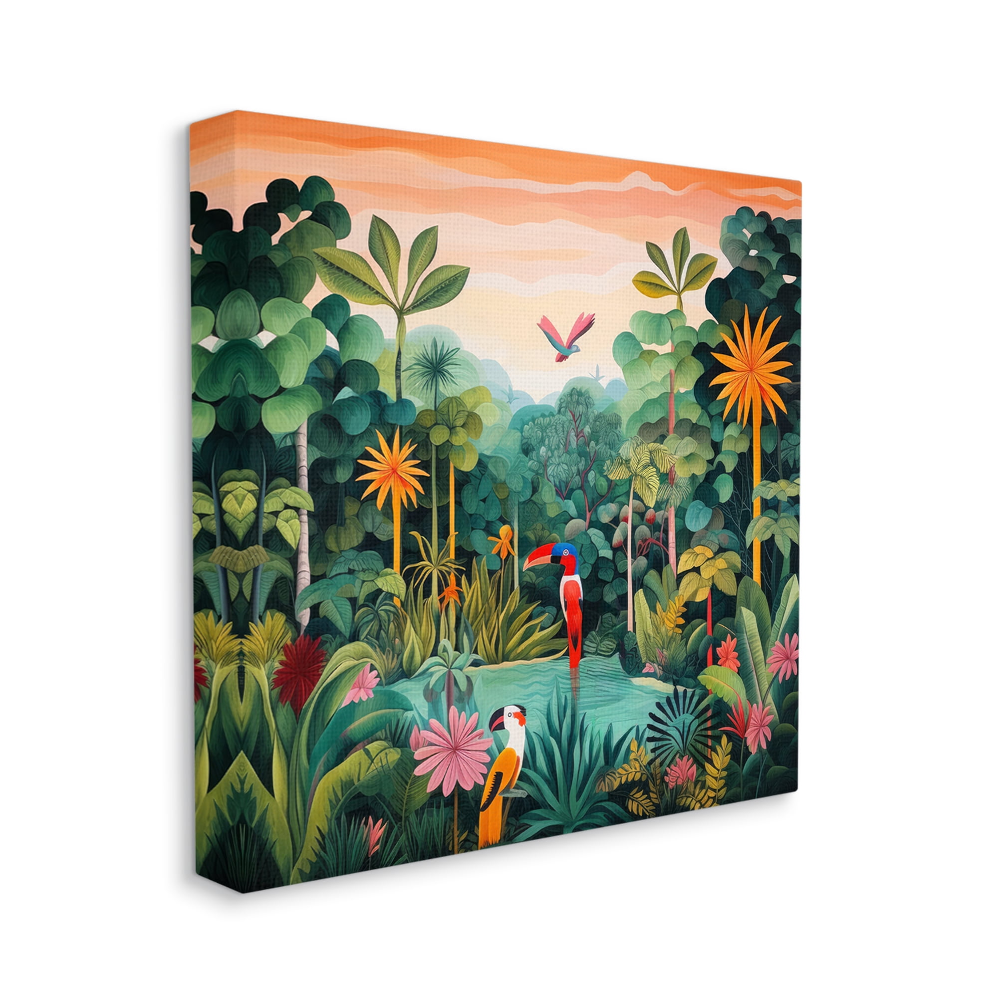 Stupell Industries Parrots & Tropical Pond Landscape Painting Gallery Wrapped Canvas Art Print Wall Art, 24 x 24