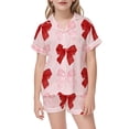 thumbnail image 2 of Girls Satin Pajamas Matching Valentines Day Pajamas Short Sleeve Bow Print Button Down Sleepwear Pajamas Girls 5-6 Years, 2 of 4