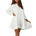 thumbnail image 2 of RKSTN Robes pour Femmes Couleur Unie Manches Trompette Plissée Boutonnée Robe à Manches Longues Col en V Robe Ample, 2 of 5