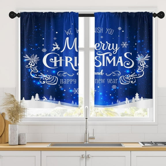 Christmas Kitchen Curtains Blue Window Curtains Over Sink Set of 2, Merry Xmas Short Tier Curtain for Kitchen, Winter Kitchen Decor 26" x 36"