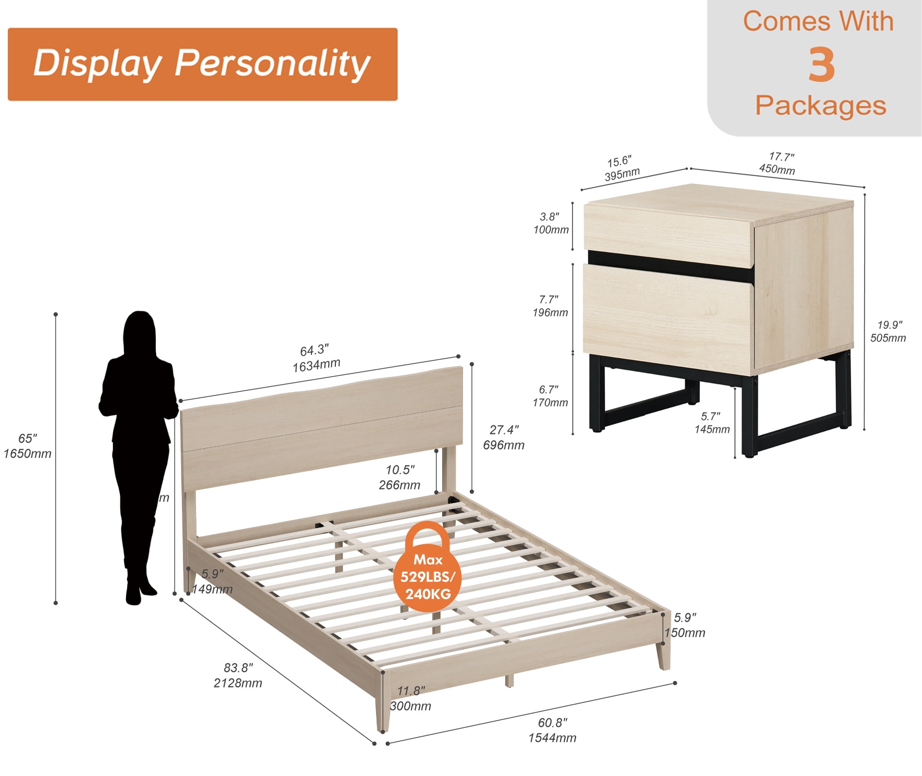 3-Piece Bedroom Set, Queen Bed Frame with Wave Headboard & 2 Nightstand,Beige