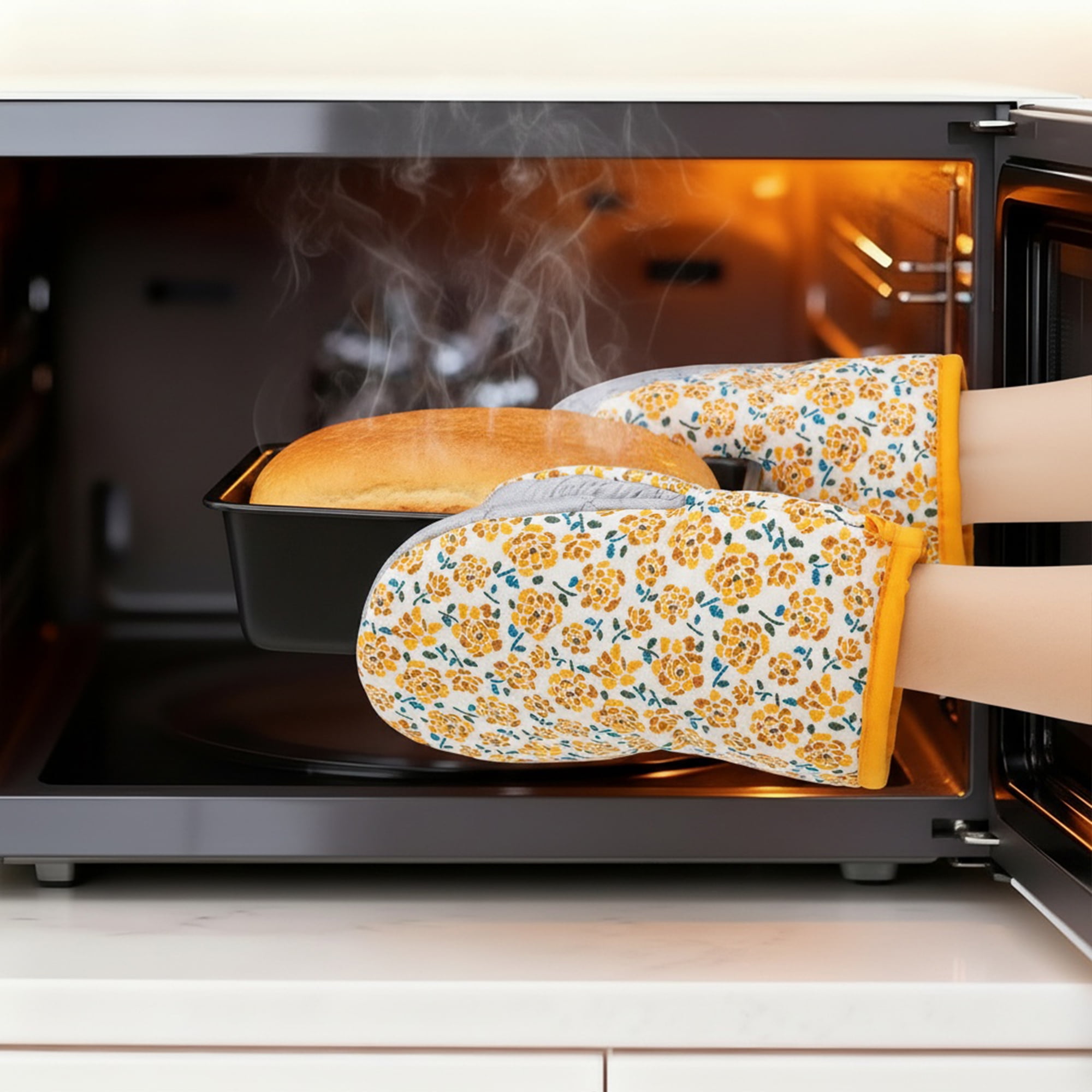 Unique Bargains Oven Mitts Pot Holders Heat Resistant Kitchen Glove Yellow 7.1x5.5inch