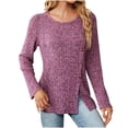 thumbnail image 4 of ATOYSOY Women's Workout Solid Color Pullover Side Split Spring Long Sleeve Shirts Winter Loose Tops Casual Blouse Dressy Tunic Round Neck Button Sweatshirts Purple S, 4 of 5