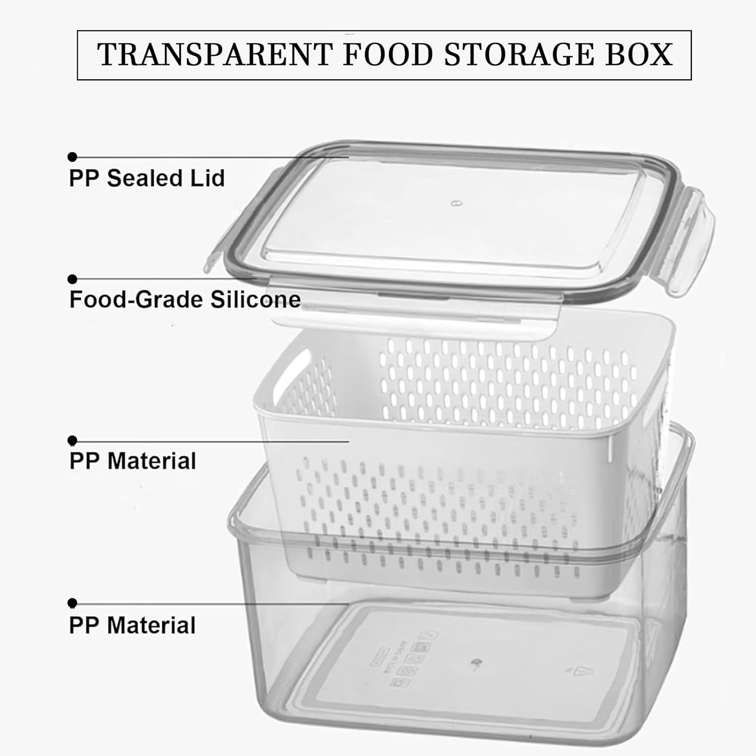 Food Storage Containers For Fridge With Removable Colander, BPA Free Produce Saver, Transparent Fruit Box with Drain Basket for Veggies and Kitchen