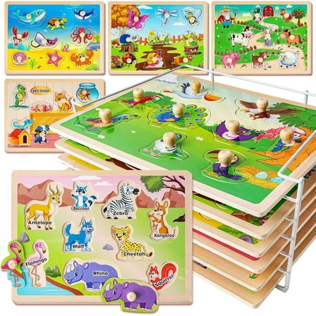 SYNARRY Wooden Peg Puzzles for Toddlers Ages 1–4, 6-Pack Puzzle Set with Rack, Educational Toys Gifts for Boys and Girls