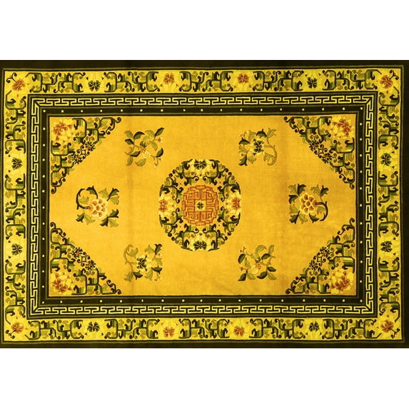 Ahgly Company Machine Washable Indoor Rectangle Oriental Yellow Asian Inspired Area Rugs, 7' x 9'