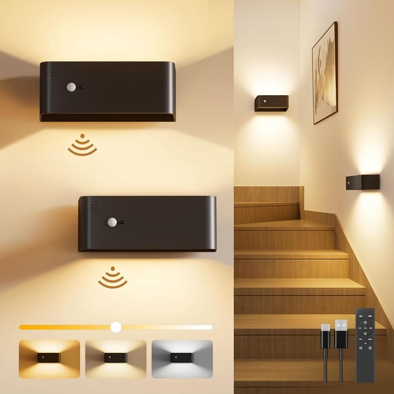 Motion Sensor Wall Sconce Indoor with Remote Control Wall Light LED Wall Sconces Set of Two Rechargeable 8000mAh Battery Operateded Wall Lamps Brightness Adjustable for Stair Closet Bedroom Hallway