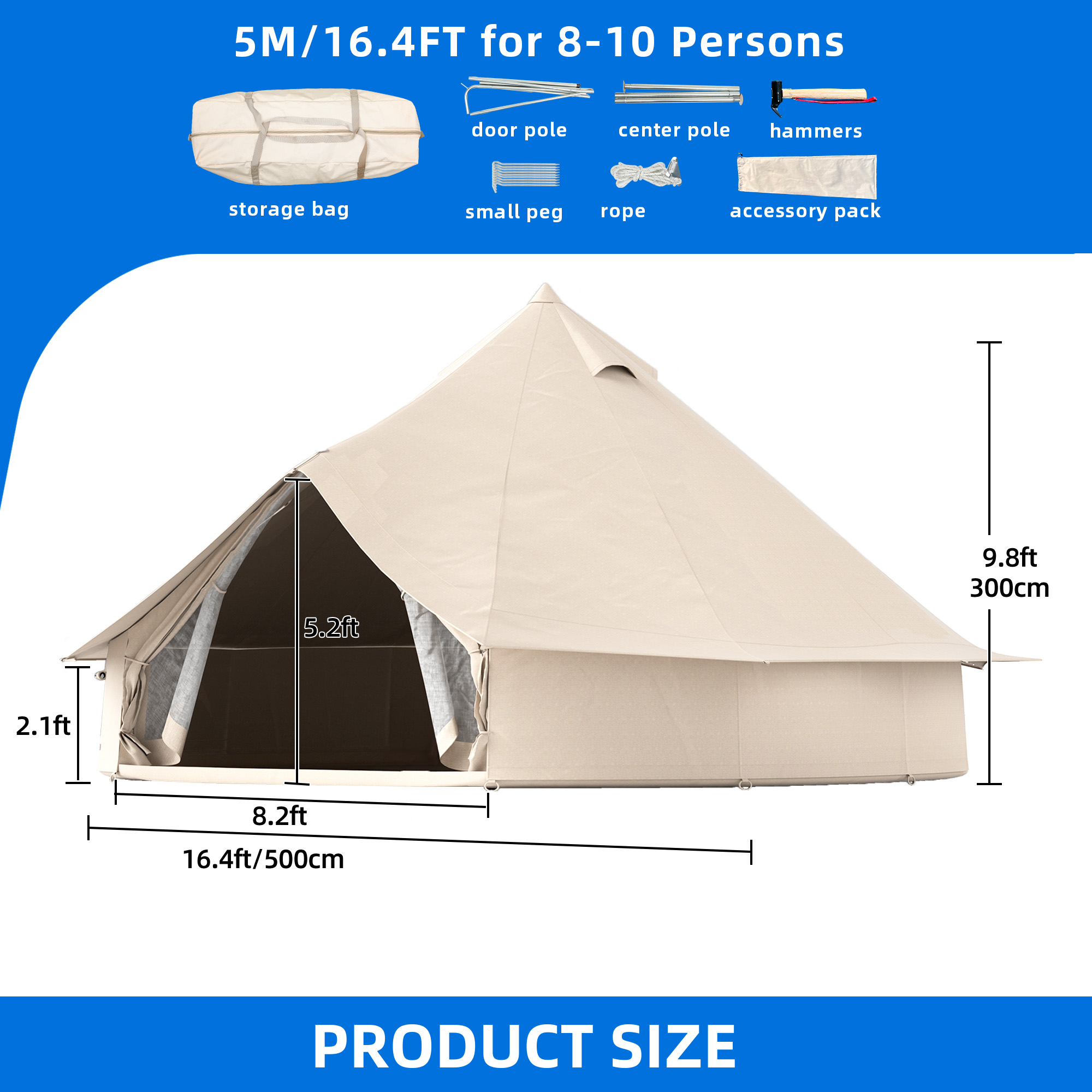 Dextrus Camping Tent 4 Seasons Glamping Bell Tent Waterproof with Stove Jacks & 4 Breathable Windows Cotton for Outdoor Family Party, Camping, Picnic, Barbecue