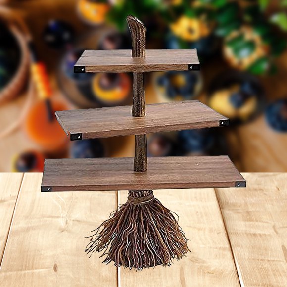 Neinkie Halloween Broomstick Snack Bowl Stand, Witch Broomstick Snack Rack Funny 3-Tier Broom Snack Stand Holder Tiered Tray Decor Snack Bowl Shelf for Halloween Christmas Party Decorations