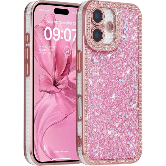 REQO Case for iPhone 16 Plus,Glitter Crystal Diamond Rhinestones Sequin Shiny Bling Sparkly Glossy Luxury Electroplated Case,Aesthetic Cute Full Protection for iPhone 16 Plus