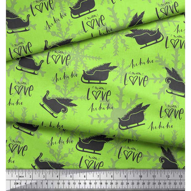 Soimoi Velvet Fabric Sleigh & with Love Text Print Fabric by The Yard 58 Inch Wide