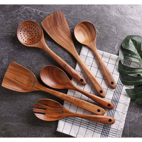 Handmade Teak Wood Durable Cooking Spoons, 6 pcs | Wooden Kitchen Utensils for Nonstick Pans & Cookware, Spoons and Spatula Set