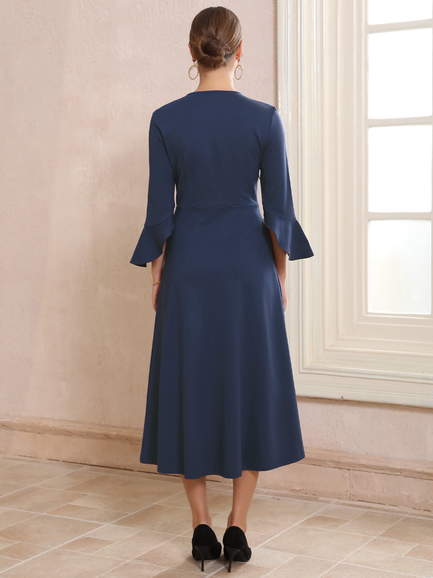 DARING DIVA Women's Zipper Front Bell Sleeves Midi A-Line Dresses M Dark Blue