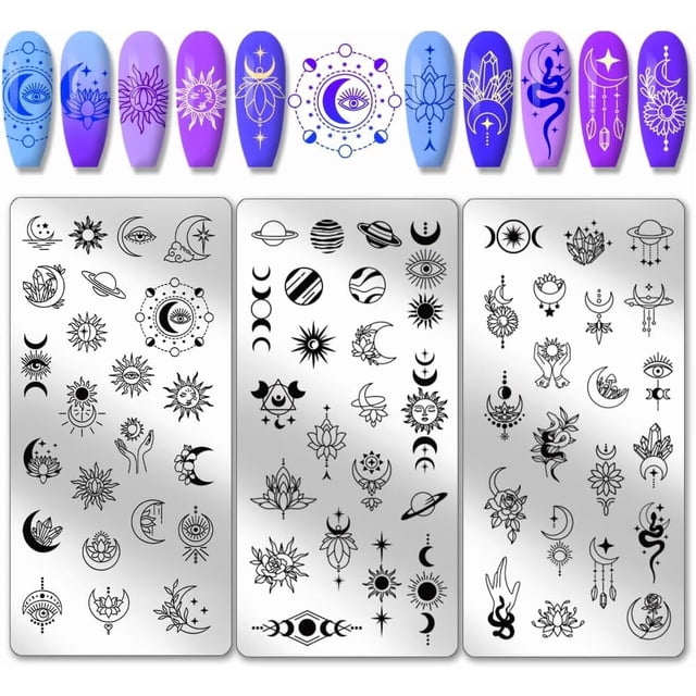 Placas para estampar uñas con diseño de astrolabio - Juego de 3 placas de acero inoxidable con plantillas para estampar uñas con diseño de luna, estrella y planetas, ideales para salones de manicura.