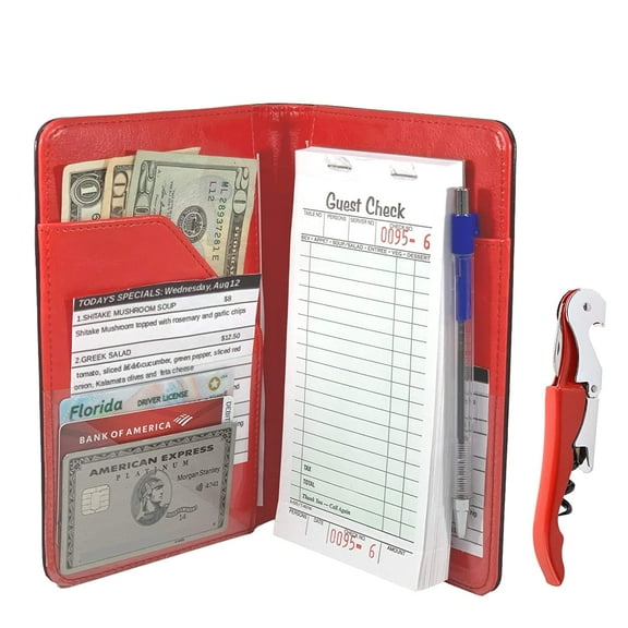 Waitress Server Book Wallet Organizer - Red -Bundled with Wine Opener - Waiter Pad for Restaurant Waitstaff - Fits Apron and Holds Receipts Money Guest Check Pen Cards