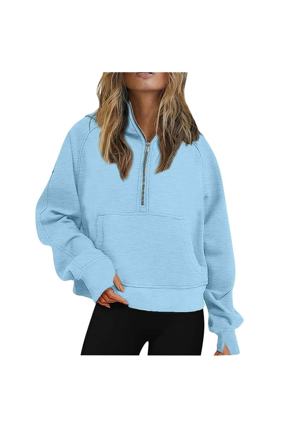Women Half Zip Hoodie Cropped Sweatshirts Womens Pullover Quarter Zip Long Sleeve Soft Lightweight Crop Tops Fleece Jackets Sweaters Sweatshirts Hoodies Outwear Coat Blue M