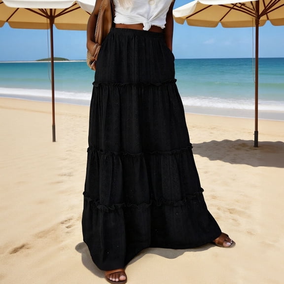 Kojanyu Women's Summer Boho Maxi Skirt A-Line Flowy Ruffle Tiered Elastic High Waist Beach Long Skirt with Pockets and Court Lock Design