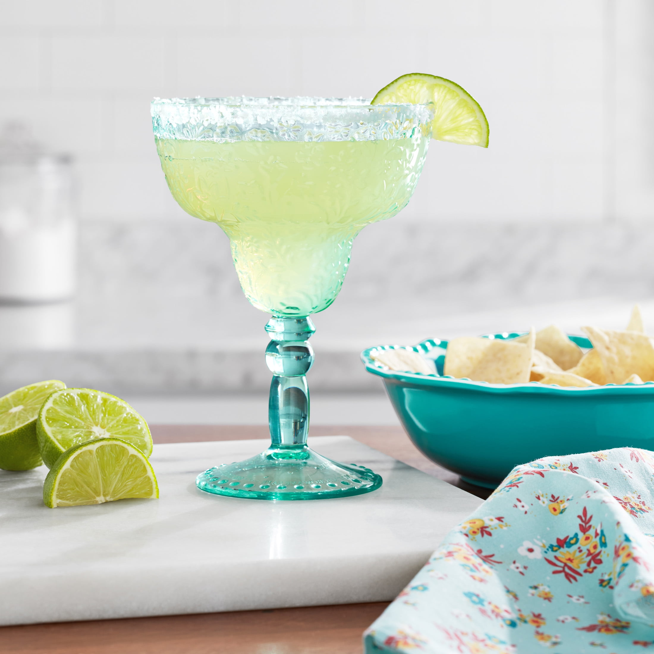 (2 pack) The Pioneer Woman Ditsy 14-Ounce Tritan Margarita Cocktail Glass, Teal