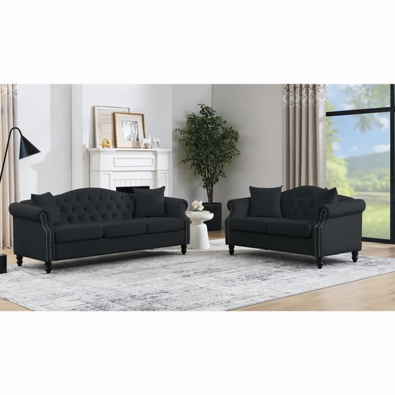 Miekor 2 Piece Classic Solid Wood Nailhead Trim Sofa And Loveseat Set Black