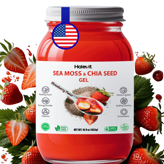 Halevit Wildcrafted Irish Sea Moss Gel | Sea Moss, Chia Seeds, Strawberry | 16 Oz | Made in USA