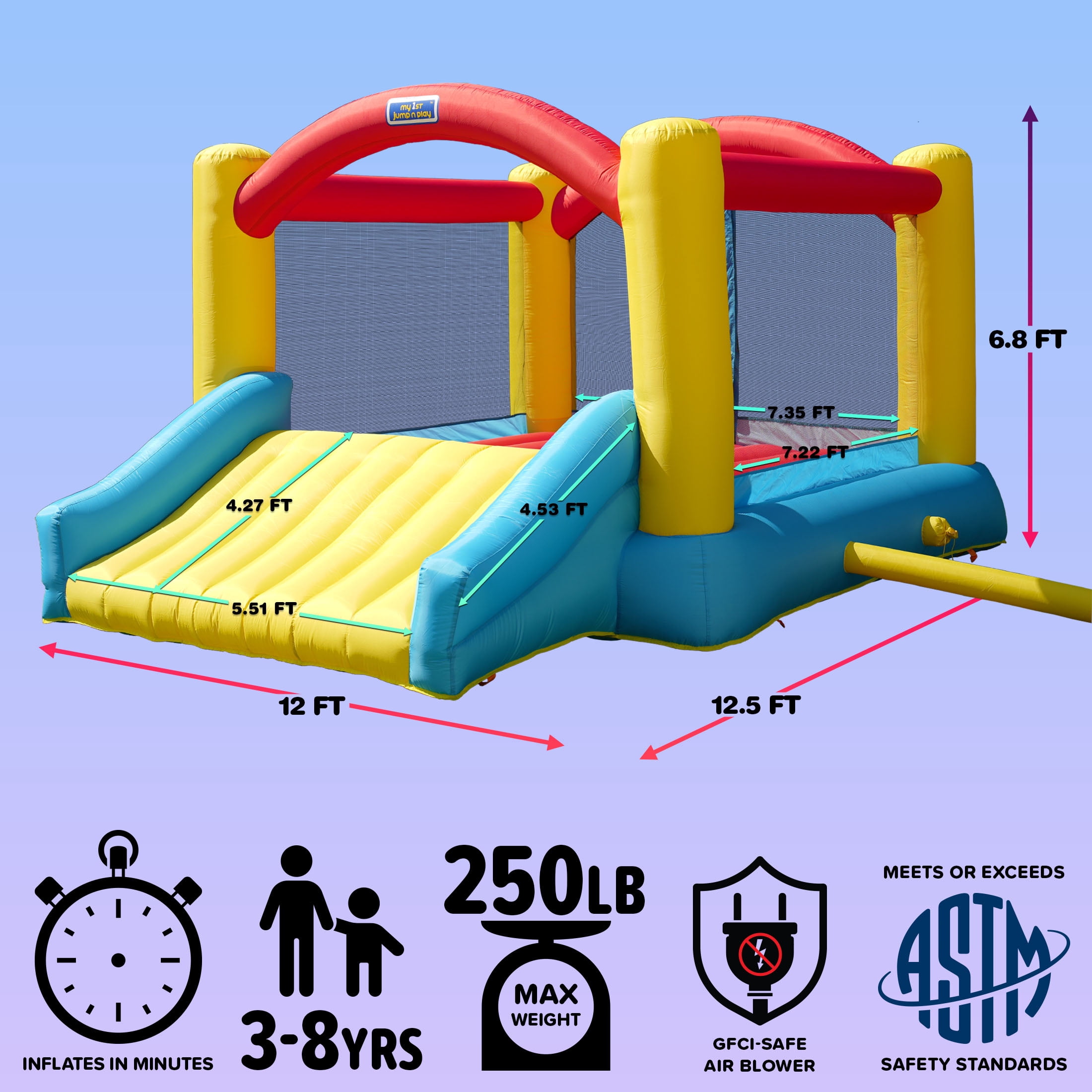 Sportspower inflatable bounce house with slide for kids, indoor outdoor bouncy castle jumper, blow up jump house with air blower, backyard playground, ASTM certified, Heavy Duty, My first Jump N Play