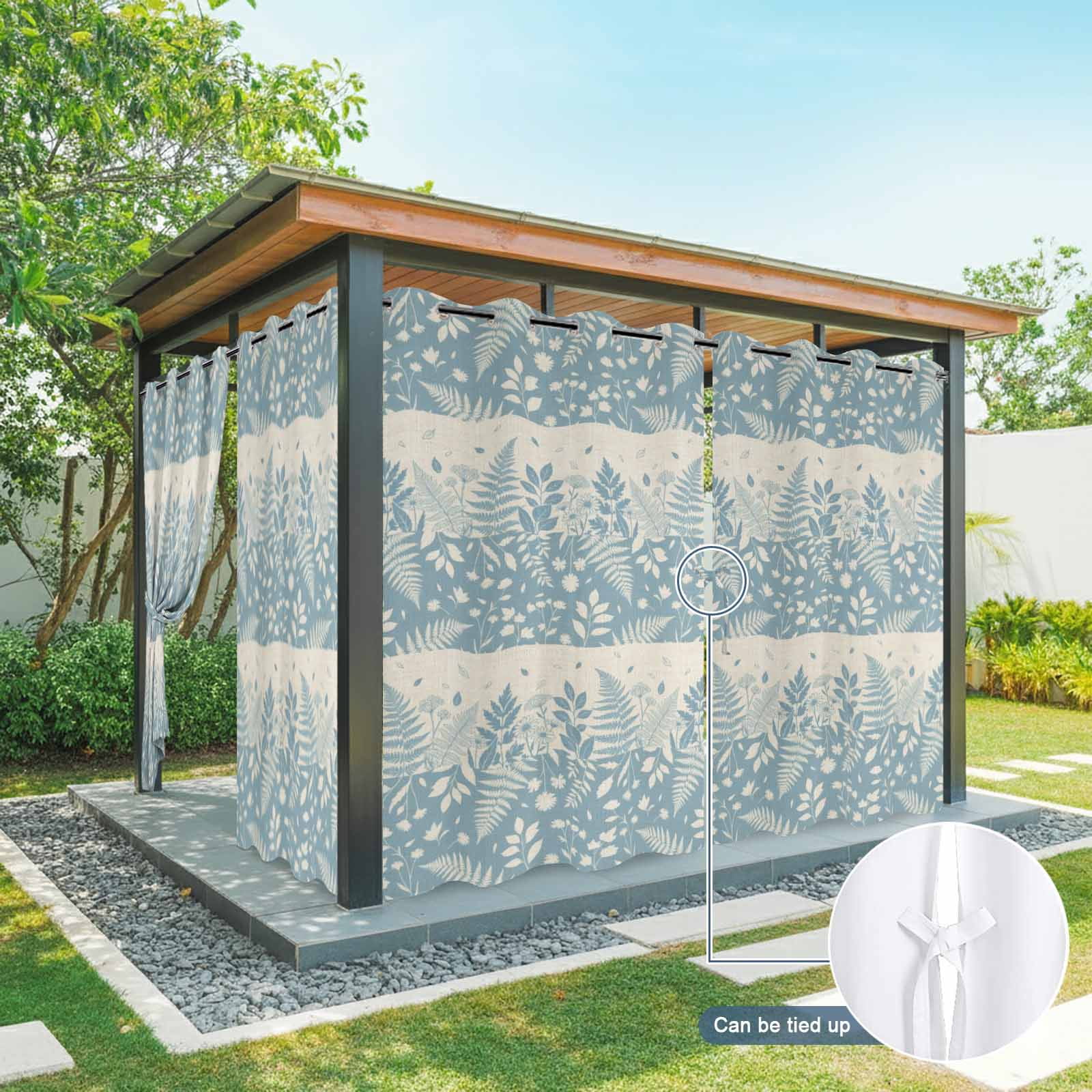 Spring Ferns Outdoor Curtains for Patio, Country Blue Floral Leaf Linen Texture Sunshade Privacy Drapes Grommet Waterproof Outside Curtains for Porch/Cabana/Balcony 54"x 84", 2 Panel