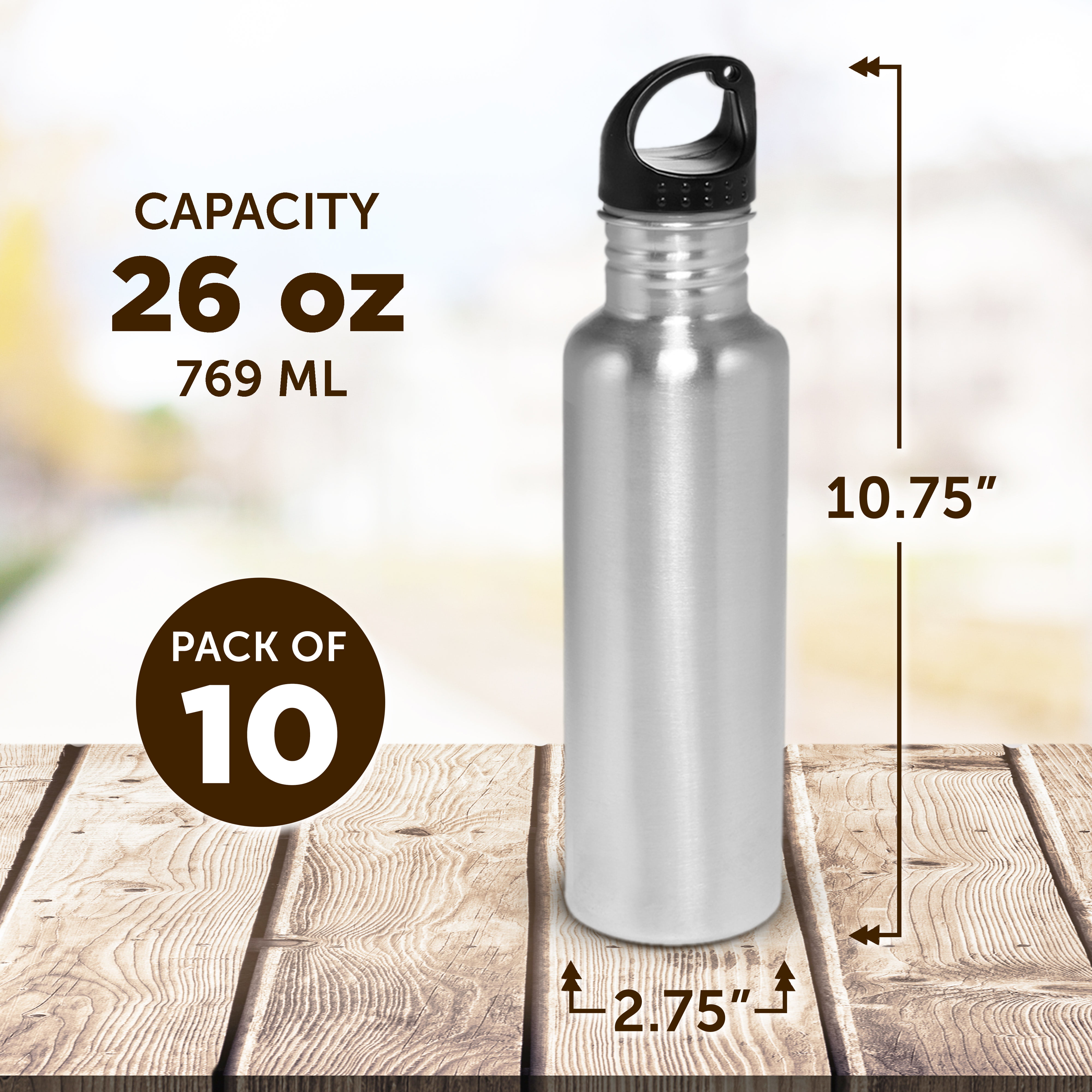  DISCOUNT PROMOS Bullet Shape Stainless Steel Water Bottles 26 oz.  Set of 10, Bulk Pack - Leak Proof, With Carabiner, Leak Proof, Perfect for  Gym, Hiking, Camping, Outdoor Sports - Silver 